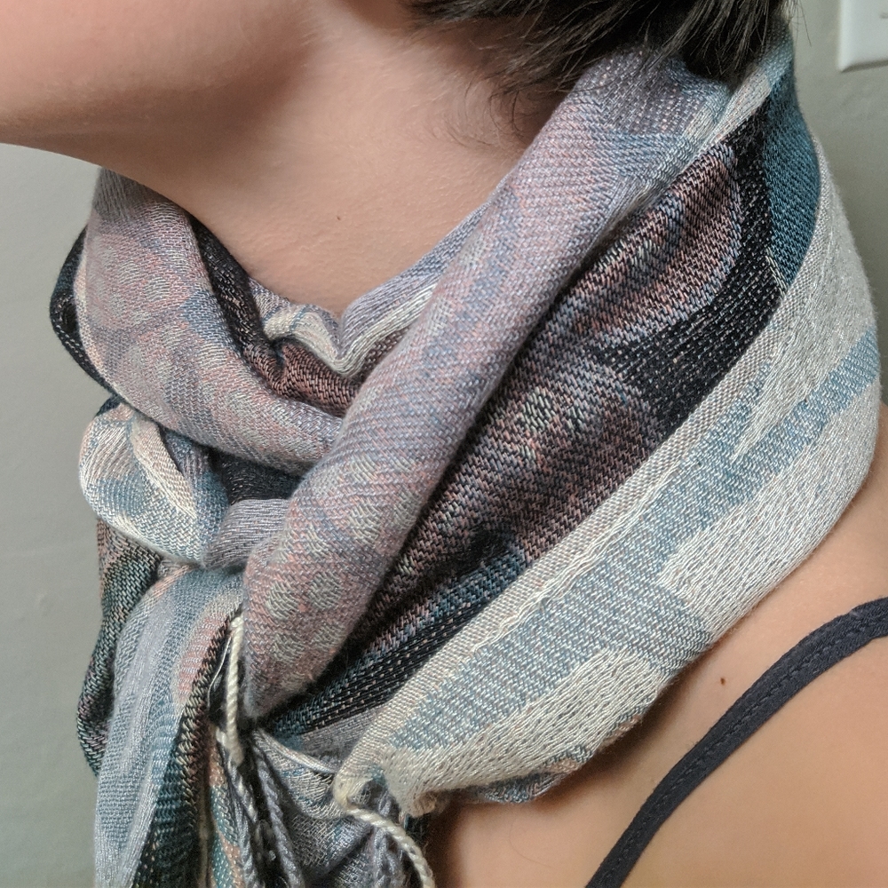 Long grey, blue and pink scarf with fringe 3/$20